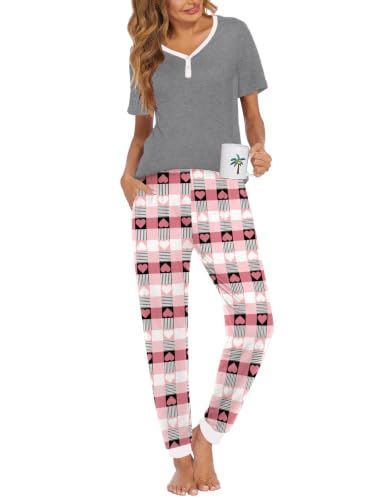 Image of Ekouaer Pajamas for Women Set 2 Piece Fall Lounge Sets Short Sleeve Pjs Joggers Long Pants Sleepwear with Pockets