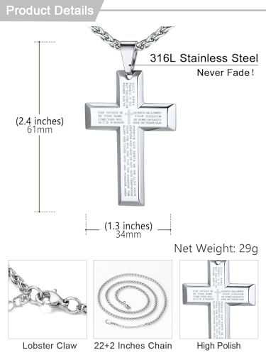Image of U7 Cross Necklace for Men, Stainless Steel Silver Black Gold Mens Cross Necklace, 22-24 Inches
