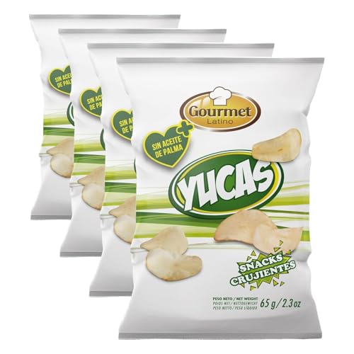 Yucas - Bolsa Individual de 65 g - Elaborado con Yuca y Aceite de Girasol 100% - Textura Crujiente - Ideal Como Aperitivo para Picar Entre Horas - Gourmet Latino (Paquete de 4)
