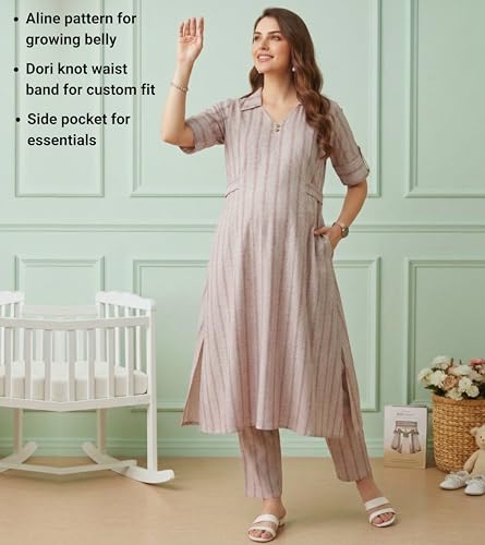 Image of DUMMY SHAPE Feeding Dresses for Women Full Set | Cotton Blend Maternity Kurta Pant Suit with Dual Nursing Zippers, Side Pocket to Pre & Post Pregnancy | Mom to Be Gifts