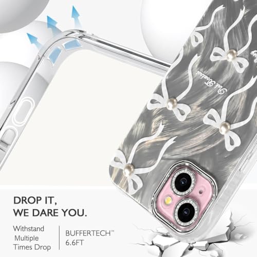 Image of VONZEE Compatible with iPhone 15 Plus 6.7'' Case Luxury Pink Girly Cute 3D Bow Pearl Glitter Bling Case with Full Camera Protection Shockproof PC+TPU Glossy Shiny Cover for Girls Women, Grey