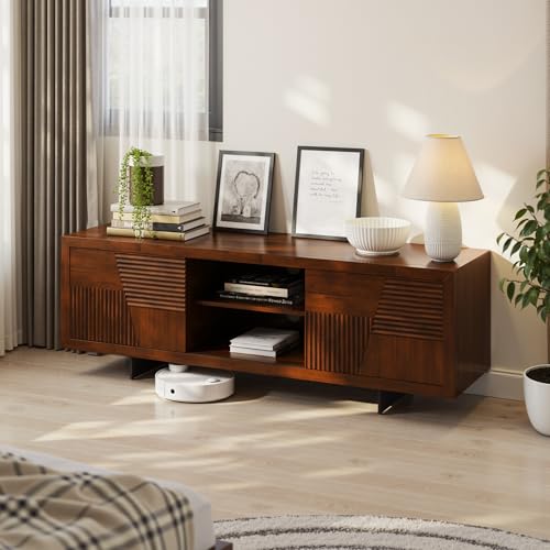 Image of Trapeze TV Stand for Living Room - Wooden Media Console with Storage, Metal Legs, Large Walnut TV Stand for Stylish Home Entertainment Setup