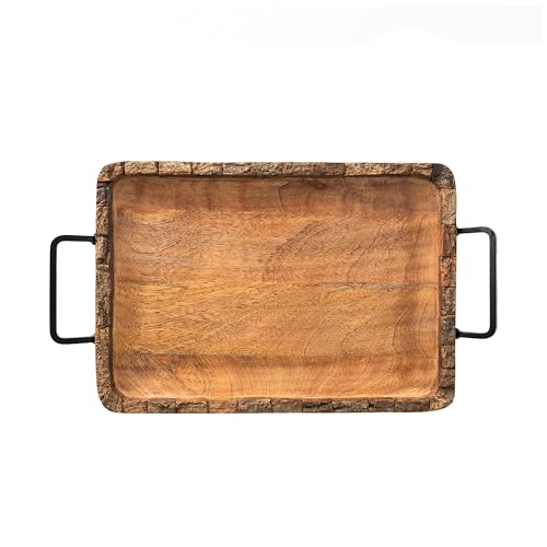 Image of Premium Mango Wood Serving Tray with Handles - Rustic Wooden Tray for Kitchen, Dining, Coffee, Snacks & Home Decor - 14x9 Inch Rectangle Wooden Tray