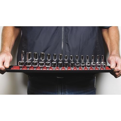 Image of Ernst Manufacturing 18-Inch Socket Boss 2-Rail 1 /2-Inch-Drive Socket Organizer with Twist Lock Secure Hold and Toolbox Drawer Tray, Red - Made in USA