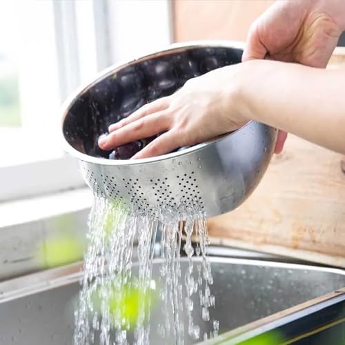 Image of KRESHU Stainless Steel 304 Food Grade 3-in-1 Bowls Vegetables Rice Washer with Side Drain Bowls Colander Strainer Basket Ideal for Kitchen Tools Vegetables, Rice, Fruits (26cm, Silver)