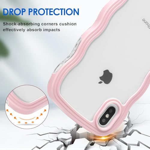 Image of GoldKart iPhone Xs Max Case Wavy Edge Clear Back Design, Anti-Slip Grip Cute Wave Curly Frame Shape Shockproof Soft TPU & Hard PC Bumper Protective Phone Case Cover for Women Girls - Pink