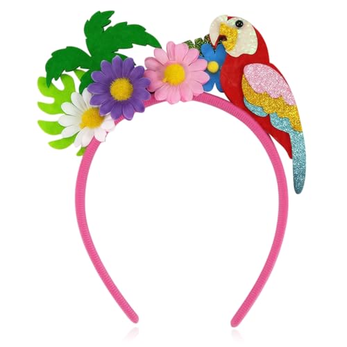 muumoo Hawaiian Luau Parrot Headband Tropical 3D Flower Palm Leaf Glitter Headband for Women Girls Summer Beach Vacation Hair Accessory for Hawaii Party Pool Party