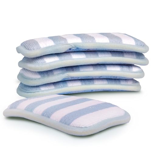 Image of Simplified 5-Pack Scrub & Wipe 2-in-1 Dishwashing Sponges - Non-Abrasive Cleaning Sponges, Double-Sided - Safe for Dishes, Non-Stick Pans or Glassware, Absorbent Dish Sponges, Blue Stripe