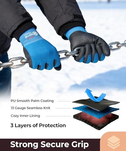 Image of KAYGO Winter Work Gloves Thermal Insulated, PU Coated,12 Pairs, KG11W | Excellent Grip, Breathable & Lightweight, 13-Gauge Seamless Knit, For Freezer Work, Cold Storage, Winter Outdoor Jobs