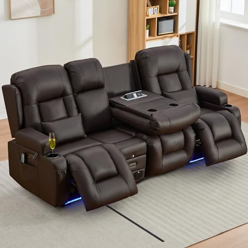Image of URRED Power Loveseat Recliner Sofa with Massage and Heat, Wall Hugger Reclining Loveseat with Console, RV Couch Home Theater Seating with LED Lights for Living Room (Dark Brown, 89.8 inch - 3 Seats)