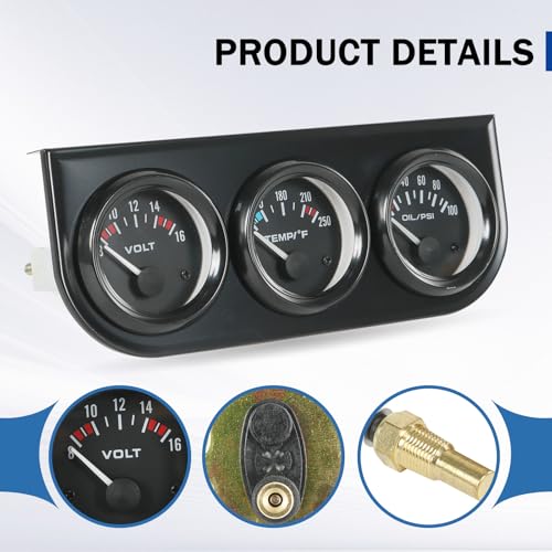 JDMSPEED 2" 52mm Triple Gauge Set (Oil Pressure Gauge + Water Temperature Gauge + Volt Meter) 3‑in‑1 for 12V Cars 3 Gauge Cluster Kit with Black Console - Image 6