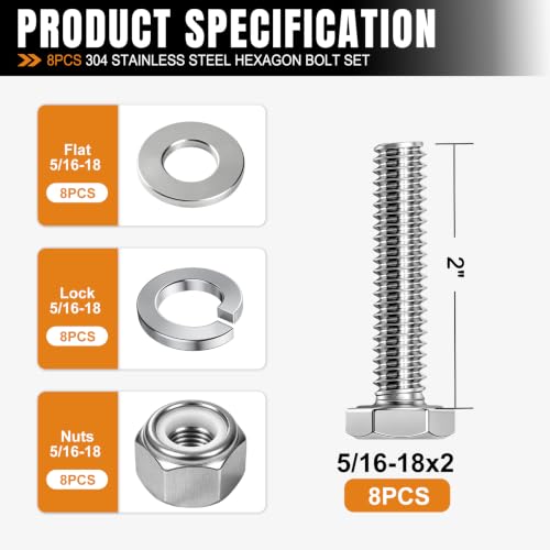 Image of mankk 8PCS 5 /16-18 x 2 inch Hex Bolt & Nut Kit,18-8 (304) Stainless Steel