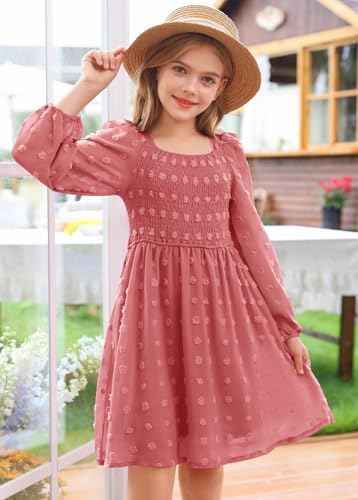 HOSIKA Girls Long Sleeve Dress Swiss Dot Square Neck Smocked Fall Dresses with Pockets 6-12 Years2