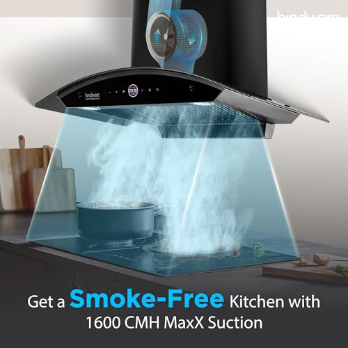 Image of Hindware Smart Appliances | Nadia BLDC 75 IN Kitchen Chimney | 1600 CMH |Curved Glass | Filterless | Auto Clean | Touch Control, Motion Sensor | 12 Yrs Warranty on Motor & 3 Yrs on Product (Black)