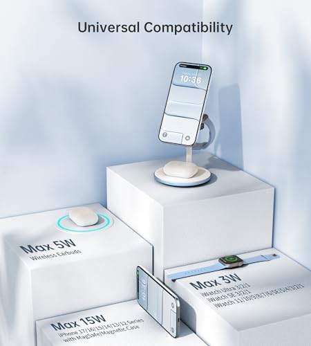 Image of XooFly 3 in 1 Magnetic Wireless Charging Station for Apple Devices,15W | Fast Charging Phone Charger Stand for Magsafe-enabled iPhone 17 16 15 14 13 12 Series, Apple Watch Ultra Airpod Pro, Blue