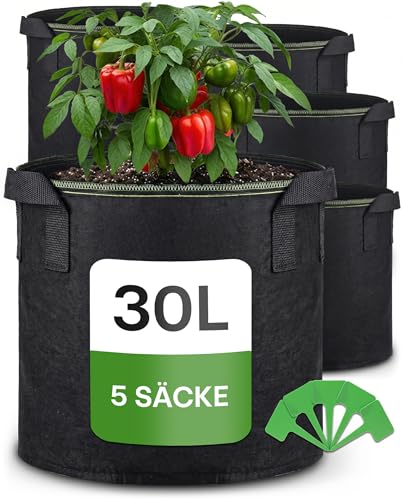 Praknu Pflanzsack 30l - 5 STK aus Vliesstoff mit 5 Pflanzenschilder zum Beschriften - mit Griff - Für Gemüse Pflanzen & Blumen - Stofftöpfe - Grow Töpfe - Stoff Topf - Pflanzbeutel - Blumentopf Stoff