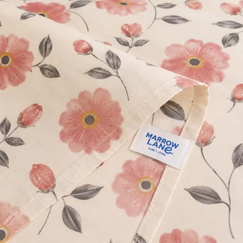 Image of MARROW LANE 300 TC Soft Air Cotton Double Bedsheet | Blush Poppy | Flatsheet with 2 Pillow Covers | Pink Floral Print (228.6 x 254 cm, Pink & White)