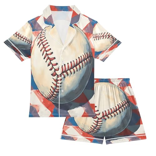 ALAZA Baseball on Colorful Satin Pajamas Set Short Sleeve Button Down Sleepwear Summer Pjs 2 Piece