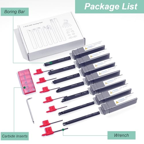 Lathe Turning Tool Set, 10mm Shank 7 Pieces Carbide Turning Tool, Metal Lathe Tools Holder for Turning Grooving Threading, Carbide Inserts Turning Insert, Woodturning Power Lathe Accessories