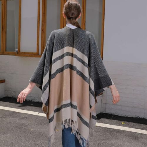 GIBZ Poncho Cape Shawl for Women Contrast Striped Tassels Shawls Wrap Open Front Winter Warm Sweater Ponchos3