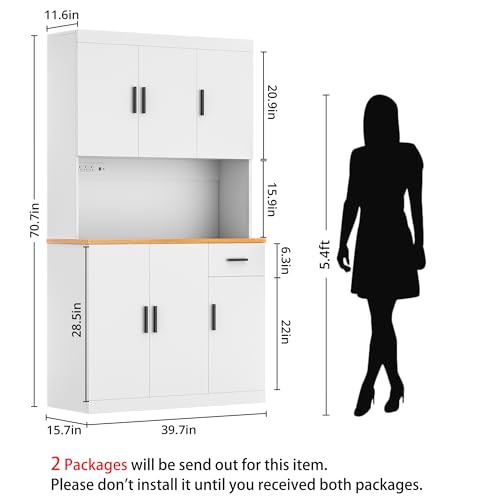 71 Inch White Pantry Cabinet with Power Outlet, Heavy-Duty Freestanding Kitchen Storage Organizer with Reinforced Frame, Pantry Hutch for Kitchen, Dining Room, Laundry Room | Extra-Wide, Heavy-Duty, Sturdy, Freestanding Storage, Reinforced Frame, Large