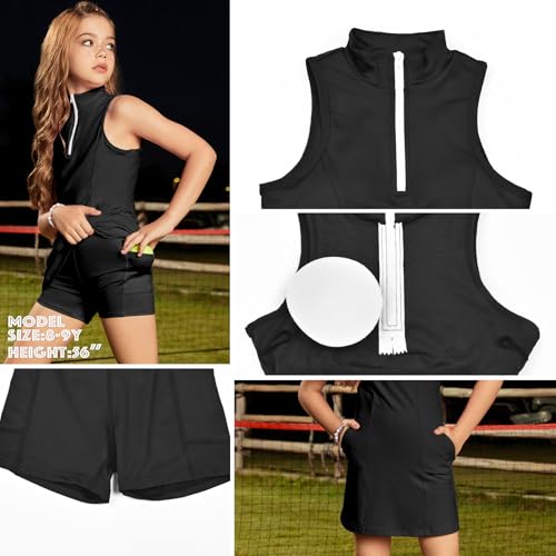 Image of Perfashion Girls Tennis Dress 1 /4 Zip Golf Outfit Built-in Bra & Shorts Pickleball Athletic Dress Workout Pockets 4-13Y