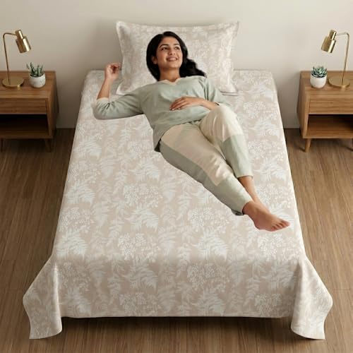 Image of Mafatlal 186 TC Metro Cotton Single Bedsheet | 90 x 60 Inch|Soft, Breathable & Lightweight | with Matching Pillow Cover| Honey Beige
