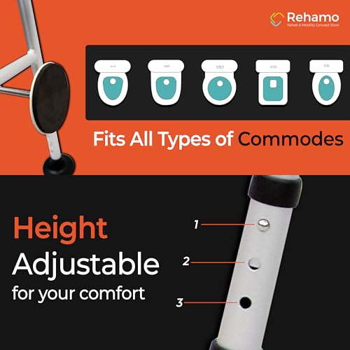 Image of Rehamo Commode Frame, for Elderly & Pregnant Women| Foldable Portable Commode Surround with Adjustable Height, and Width | Easy Mobility | Anti Slip Support | Universal Size | 1 year Warranty