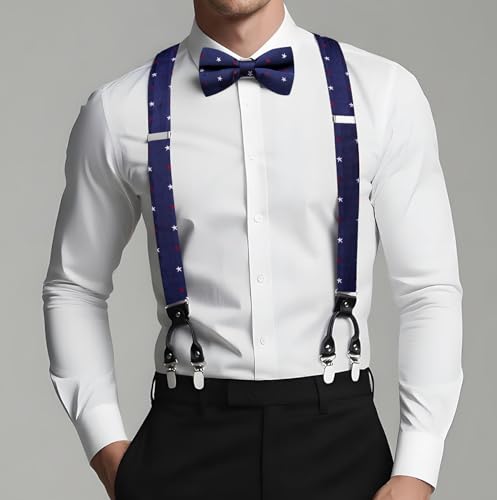 Image of Dubulle Suspender and Bow Tie for Men Paisley Solid Mens Suit Braces Pretied Bowtie and Handkerchief Cufflinks Formal Wedding
