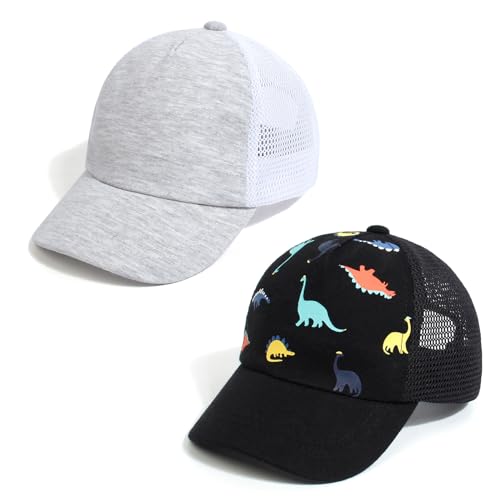 Image of Duoyeree Toddler Baseball Hat, Dinosaur Mesh Adjustable for 0-8T Kids | 60% cotton blend, full mesh back ventilation; curved UV brim, velcro strap, sizes 0-8T for beach outdoor summer