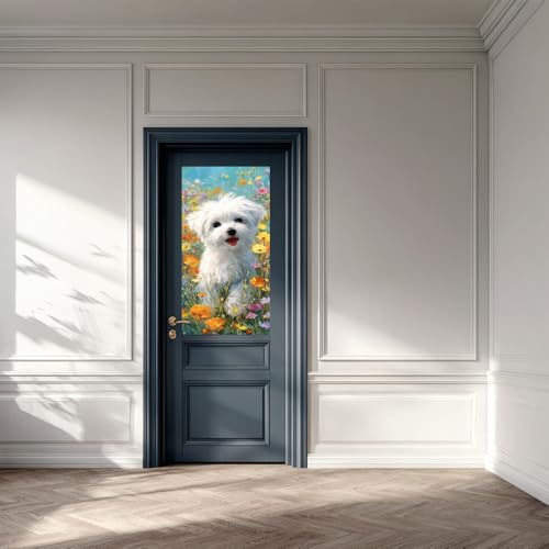 Image of 14.6x32.3 Inch Trash Can Cover White Dog in Flower Field Design Outdoor Garbage Bin Decoration Sticker Wrap