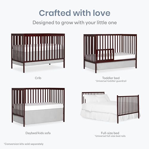 Dream On Me Synergy 5-in-1 Convertible Full-Size Baby Crib with Toddler, Day & Full Bed Conversion in Cherry, GreenGuard Gold & JPMA, 3 Mattress Heights, Sustainable Pinewood