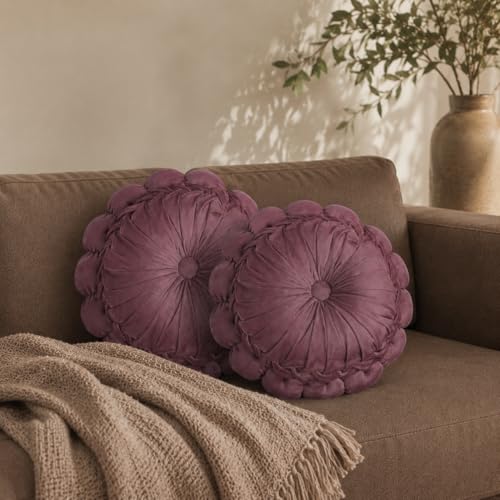 TWIG AND CURIO Mauve Pink Decorative Round Velvet Cushions (Set of 2) | 16x16 Inch | Throw Pillows for Sofa, Bed, Car & Living Room