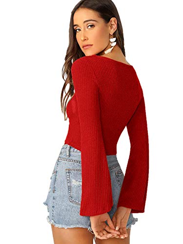 Image of SweatyRocks Women's Adjustable Drawstring String Long Bell Sleeve Rib Knit Sexy Crop Top