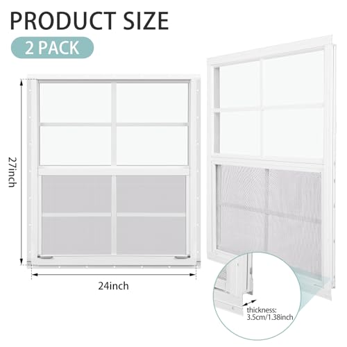 Tandefio 2 Pcs 24'' x 27'' White Flush Mount Shed Window with Tempered Glass and Screen Household Windows Sliding Windows with Vertical Slider and Screws for Chicken Coop Sheds Barns - Image 3