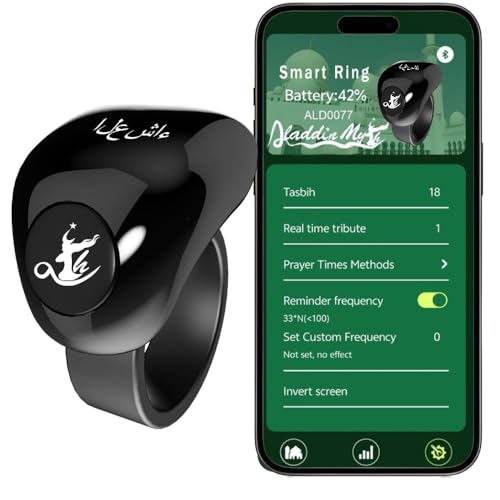 Image of Aladdin Fashion Tasbih Smart Ring, Tasbeeh Counters, Prayer Direction Indicator Guide,5 Azan Alarm Clock,Forgiveness,Electronic Rosary,Eid al-Fitr Eid al-Adha Ramadan Gift for men women, Black 18-20mm