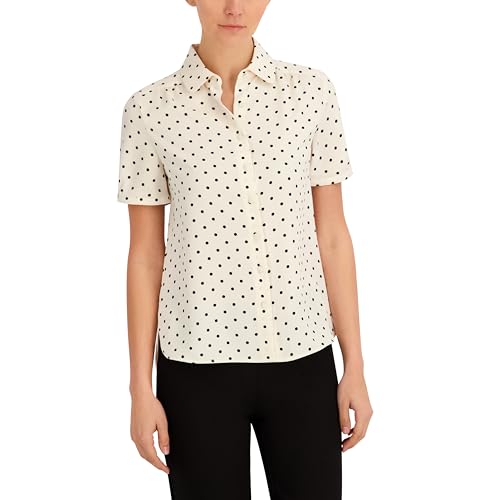 Anne Klein Women's Short Sleeve Button Down Polka Dot Top, Anne White/Anne Black, X-Large US
