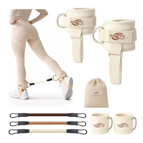 Kinetix Loop Ankle Resistance Bands with Cuffs 3-Level Latex Exercise Bands for Glutes Kickbacks & Hip Training | Neoprene Padded Ankle Cuffs for Women & Men | Home Gym Workout Set with Mesh Bag