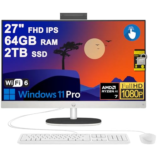 Image of HP 27 AIO Desktop Computer 27 inch FHD IPS Anti-glare Touchscreen (99% sRGB) AMD 8-core Ryzen AI 7 350 (Up to 50 NPU TOPS) 64GB RAM 2TB SSD For Creator Designer Business Professional Work Win11Pro ICP Hub