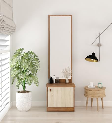 A GLOBIA Creations Stanley Dressing Table Engineered Wood | Exotic Teak & Light Oak Finish | Matte Finish | Bedroom Furniture | Storage Shelf | Mirror Included | Knock Down Design | 36-Month Warranty