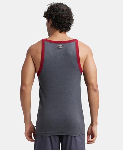 Image of Jockey US27 Men's Super Combed Cotton Rib Square Neck Gym Vest (Shoulder Strap Color May Vary) Charcoal & Red Pepper L