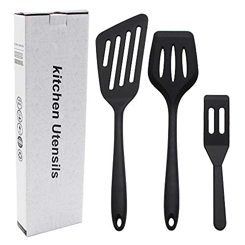 3Pcs Silicone Turner Spatula Set Heat-Resistant Non-Stick Fish Slotted Spatula Kitchen Utensil Set for Cooking Baking and Mixing BPA Free Dishwasher Safe