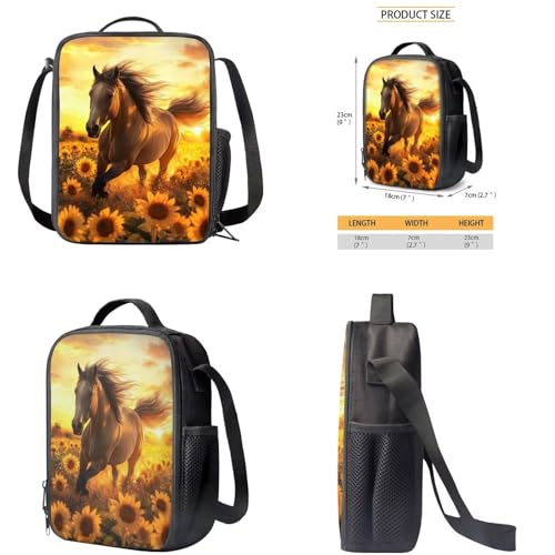 Horse School Backpack for Men with Water Bottle Pocket Sunflower Bookbag for Girls Large Capacity School Bag with Lunch Box Pencil Case and Key Ring 4 in 1 Set Back to School Gifts for Kids4