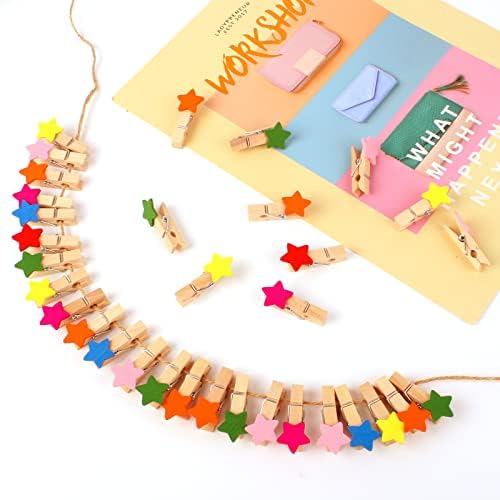 Bubuyun 100Pcs Mini Wooden Clips Wood Photo Clips, Wooden Clothespins Photo Paper Mini Pegs Craft Scrapbooking with 10M Jute String for Hanging Photos Memo Wedding Party DIY Craft Decoration