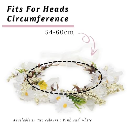 Image of Radhu & Kabby White Daisy Floral Hair Tiara for Women | Artificial Flower Crown with Ribbon Tie | Elegant Hair Accessory for Weddings, Haldi, Photoshoots & Parties | Lightweight | 1 Pc