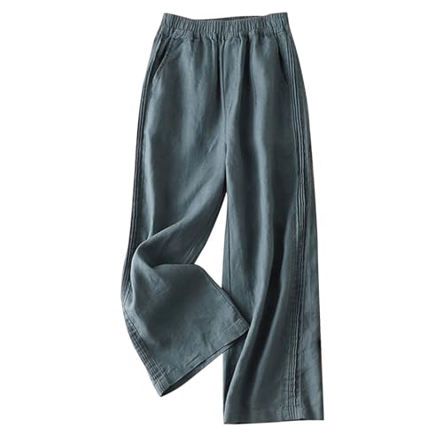 Women's Casual Cotton Linen Pants Lightweight Elastic Waist Long Pants Relax Fit Straight Leg Lounge Trousers Pocket