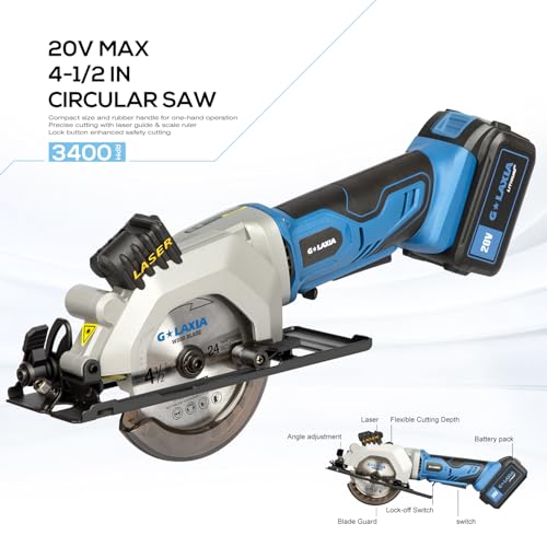 G LAXIA Mini Circular Saw, 4-1/2" 3400RPM Compact Cordless Circular Saw with 4.0A Battery, Laser Guide, Rip Guide, Mini Table Saw with 2Pcs Blades for Wood, Soft Metal and Plastic Cuts - Image 2