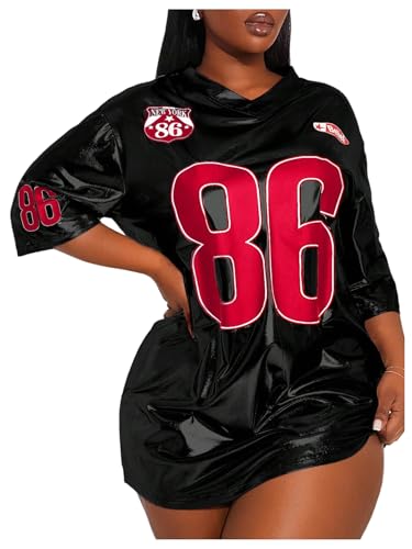 OYOANGLE Women's Jersey Dress Silver T-Shirt Oversized Y2k Number Print Short Sleeve V Neck Tees Party Top Shirt Dresses Black Medium