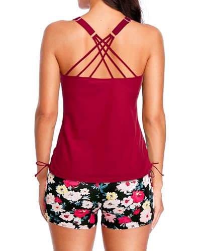 Tempt Me Two Piece Tankini Swimsuits For Women Tummy Control Bathing Suit With Shorts Athletic Swimwear Red Flowers L thumb #1