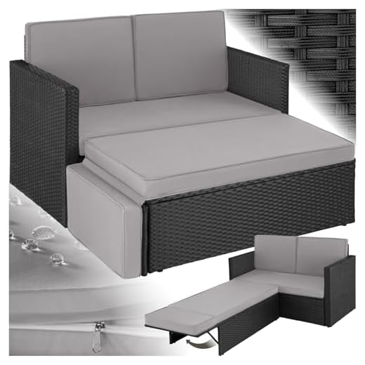 TecTake® Sofá de Ratán con Taburete Reposapiés, Conjunto Jardín Sillón 2 Plazas, Mueble Jardín Exterior, Cojines Gruesos, Conjunto Terraza Resistente a la Intemperie y Estructura en Acero - Negro/Gris